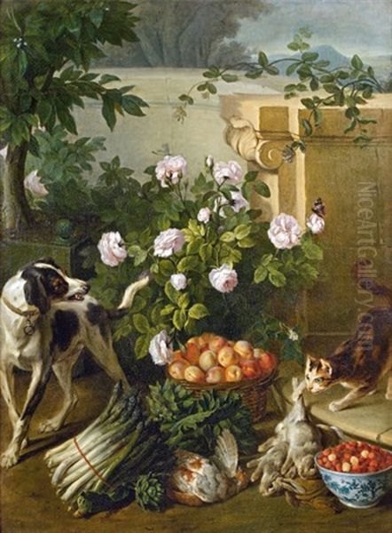 Nature Morte Aux Fruits, Legumes, Gibier, Chien Et Chat Oil Painting by Alexandre Francois Desportes