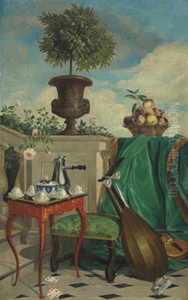 A Terrace Set For Tea With Musical Instruments Oil Painting by Alexandre Francois Desportes