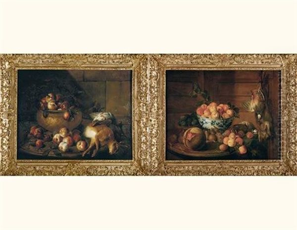 Nature Morte A La Coupe D'abricots Et Au Retour De Chasse, Sur Fond De Mur De Boiserie Et Entablement De Marbre (+ Nature Morte Au Panier De Peches Et Au Retour De Chasse; Pair) Oil Painting by Alexandre Francois Desportes