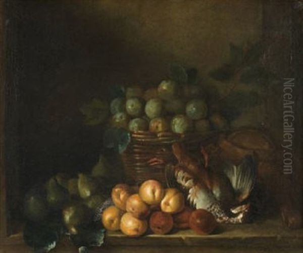 Nature Morte Au Panier De Prunes, Figues, Abricots Et Perdrix Sur Un Entablement Oil Painting by Alexandre Francois Desportes