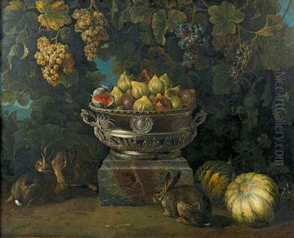 Nature Morte Aux Figues Dans Une Jardiniere En Argent De Thomas Germain, Sur Un Socle De Marbre, Sous Des Pampres De Vignes Oil Painting by Alexandre Francois Desportes