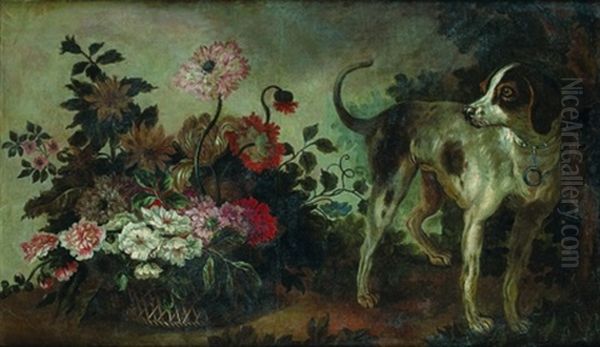 Nature Morte Au Panier De Fleurs Et Chien De Chasse Oil Painting by Alexandre Francois Desportes