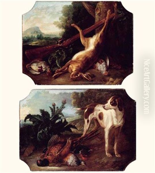 Chien A L'arret Devant Des Perdrix (+ Nature Morte Au Lievre Et Perdrix; Pair) Oil Painting by Alexandre Francois Desportes