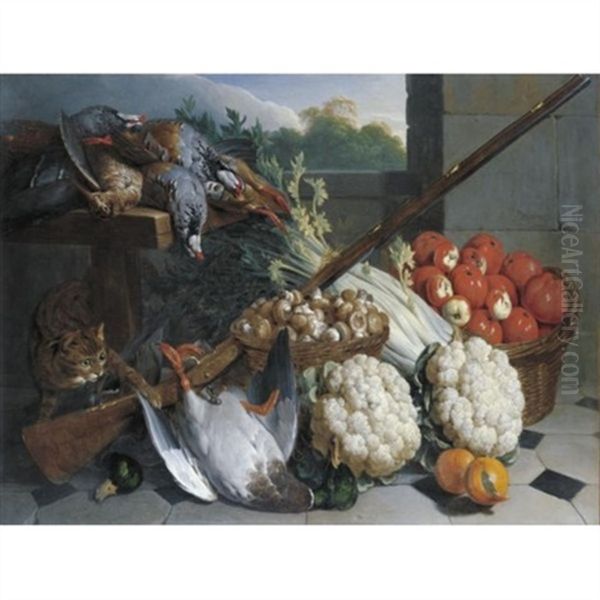 A Still Life Of Game With A Musket, Baskets Of Apples And Mushrooms, A Bunch Of Celery, Two Cauliflowers And A Cat Oil Painting by Alexandre Francois Desportes