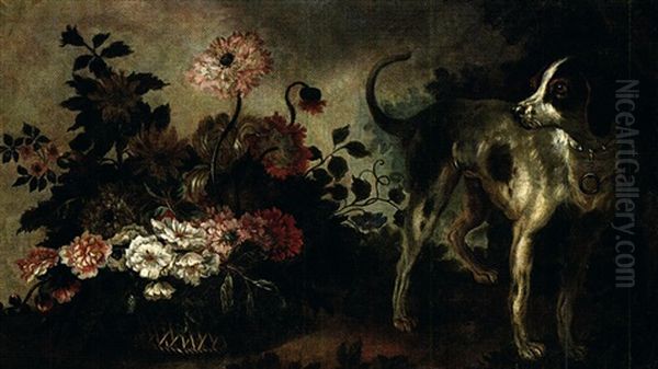 Nature Morte Au Panier De Fleurs Et Chien De Chasse Oil Painting by Alexandre Francois Desportes