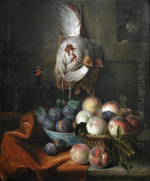 A Brace Of Partridge On A Hook, A Cat Looking Through A Window, With Plums And Peaches In A Kangxi Bowl, And A Red Admiral Butterfly Oil Painting by Alexandre Francois Desportes