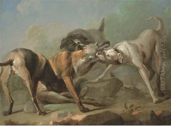 Chiens Attaquant Un Loup Oil Painting by Alexandre Francois Desportes