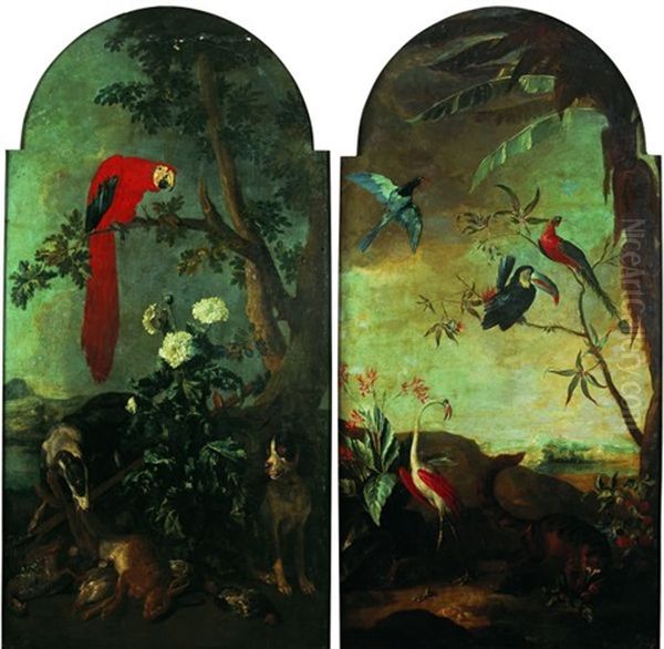 Trophee De Chasse Surveille Par Deux Chiens Dans Un Paysage Avec Un Perroquet (+ Paysage Anime De Volatiles Avec Un Tapir; Pair) Oil Painting by Alexandre Francois Desportes