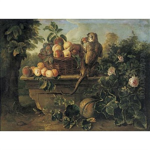 Still Life With A Monkey And A Basket Of Fruit Resting On A Ledge With A Landscape Beyond Oil Painting by Alexandre Francois Desportes