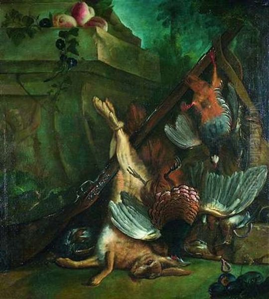 Groses Jagdstilleben Mit Einem Erlegten Hasen, Einem Goldfasan Und Anderen Wildvogeln Vor Einem Steinpodest Oil Painting by Alexandre Francois Desportes