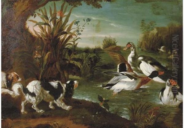 Spaniels Threatening Ducks In A River Landscape (+ Still Life; 2 Works) Oil Painting by Alexandre Francois Desportes