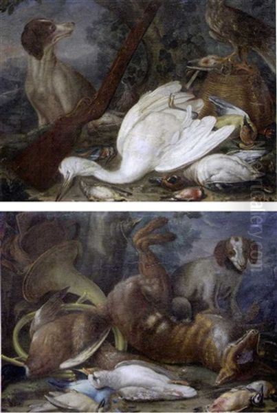 Chien Gardant Des Trophees De Chasse (+ Another, Similar; Pair) Oil Painting by Alexandre Francois Desportes