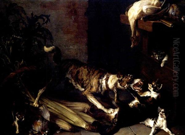 A Dog And A Cat Fighting In A Kitchen Interior Oil Painting by Alexandre Francois Desportes