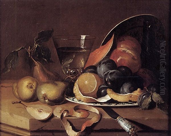 Nature Morte Aux Fruits Et Verre De Vin Sur Un Entablement Oil Painting by Alexandre Francois Desportes