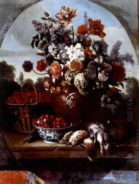 Nature Morte Au Bouquet, Aux Fraises Des Bois, Aux Cerises Et Au Gibier Oil Painting by Alexandre Francois Desportes