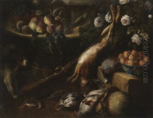 A Dead Hare, Woodcock And Pheasants On Ledges In A Garden, With Plums, A Bowl Of Peaches, A Gun And A Dog Oil Painting by Alexandre Francois Desportes