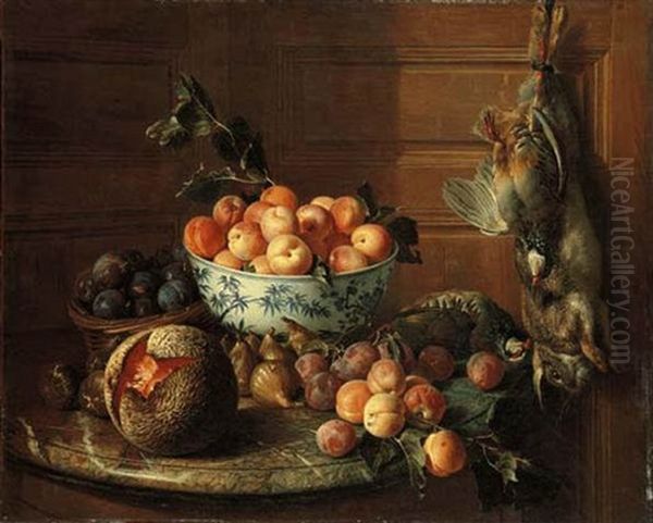 Plums In A Basket And Apricots In A Blue And White Bowl, With Figs, A Melon, Plums, Peaches And A Red-legged Partridge by Alexandre Francois Desportes