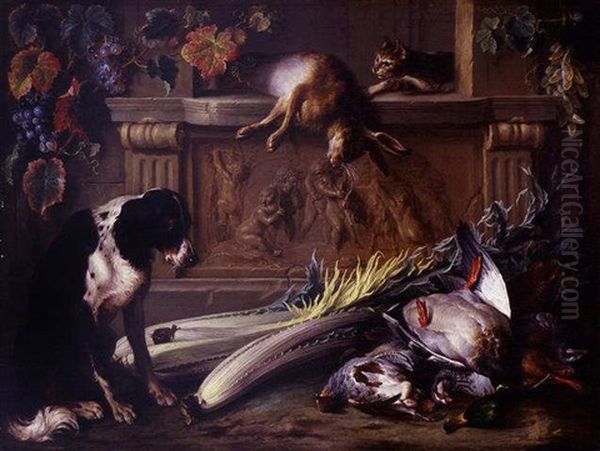 Still Life With Game, A Dog, A Cat And A Hare On A Table Decorated With A Bas Relief By Francois Duquesnoy Oil Painting by Alexandre Francois Desportes