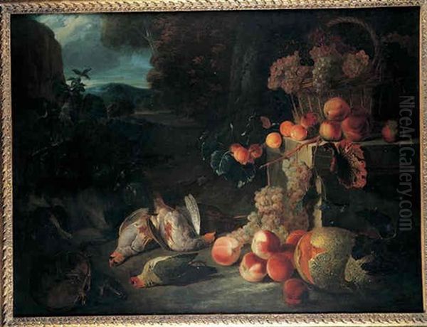 Nature Morte Au Panier De Raisins, Abricots, Peches Et Perdrix Sur Fond De Paysage Oil Painting by Alexandre Francois Desportes