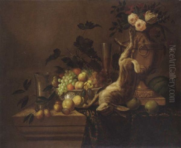 Peaches, Oranges And Plums In A Blue And White Porcelain Bowl With Grapes On The Vine, A Rabbit And An Ormulu Vase On A Stone Ledge Oil Painting by Alexandre Francois Desportes