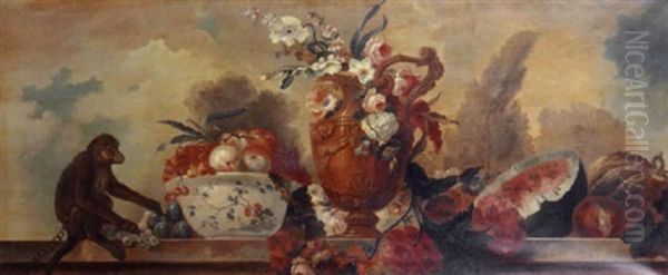 Flowers In An Ornamental Vase, Fruit In A Porcelain Bowl, A Watermelon, Pumpkin And A Pomegranate With A Monkey On A Balustrade Oil Painting by Alexandre Francois Desportes