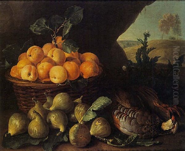 Panier D'abricots, Figues Et Perdrix Sur Fond De Paysage Oil Painting by Alexandre Francois Desportes