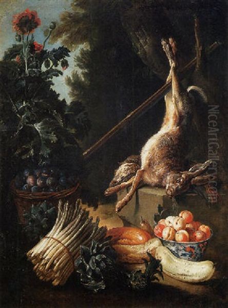 A Hunting Still Life With A Dead Hare And Game Birds On A Stone Plinth, With A Basket Of Plums And A Bowl Of Peaches Oil Painting by Alexandre Francois Desportes