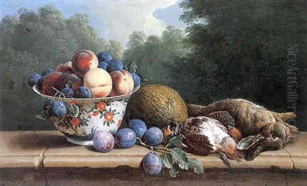 Nature Morte A La Coupe De Peches, Prunes Et Pieces De Gibier Sur Un Entablement Oil Painting by Alexandre Francois Desportes