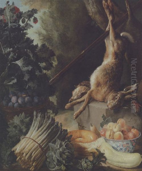 A Hunting Still Life With A Dead Hare And Game Birds On A Stone Plinth With Various Vegetables, A Pear, A Basket Of Plums And A Bowl Of Peaches Oil Painting by Alexandre Francois Desportes