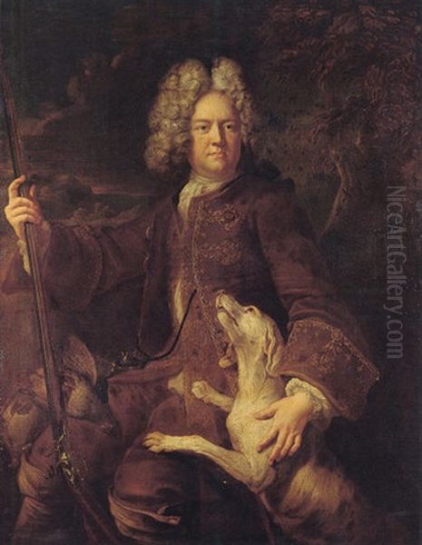 Portrait Of A Huntsman Holding A Rifle With His Hound By His Side Oil Painting by Alexandre Francois Desportes