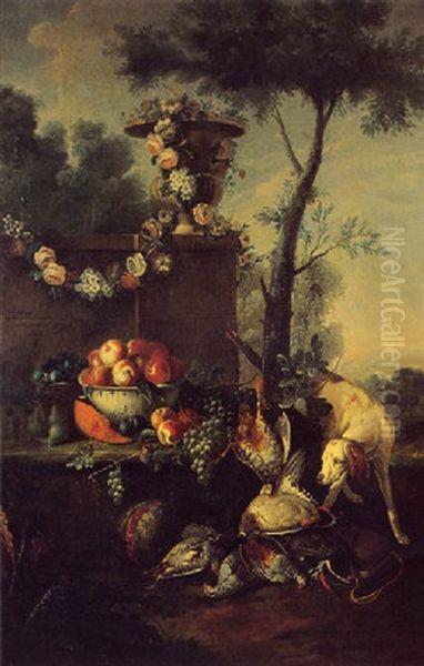 Buffet Garni De Fleurs Et Fruits, Au Chien Et Aux Trophees De Chasse Oil Painting by Alexandre Francois Desportes