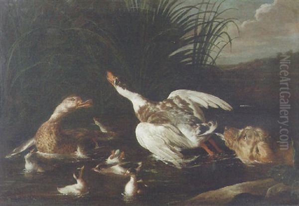 A Hunting Dog Chasing Waterfowl Oil Painting by Alexandre Francois Desportes