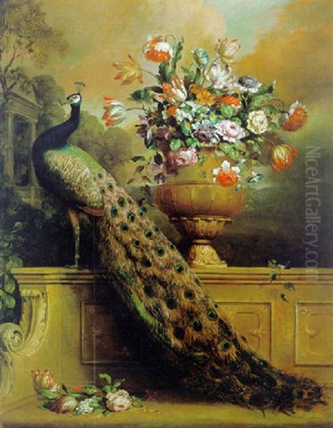 Ein Pfau Und Ein Blumenstraus In Einer Vase Auf Einer Steinernen Bank In Einem Schlospark Oil Painting by Alexandre Francois Desportes