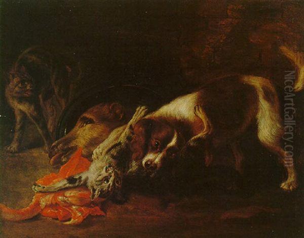 A Spaniel Attacking Two Cats Oil Painting by Alexandre Francois Desportes