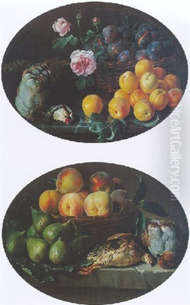 Nature Morte Au Panier De Quetsches Et Perdrix Sur Un Entablement Oil Painting by Alexandre Francois Desportes