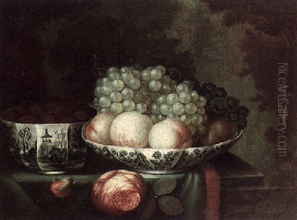 A Still Life Of Roses, Grapes, Peaches And Other Fruit On Chinese Blue And White Tableware, All Upon A Draped Stone Ledge by Alexandre Francois Desportes