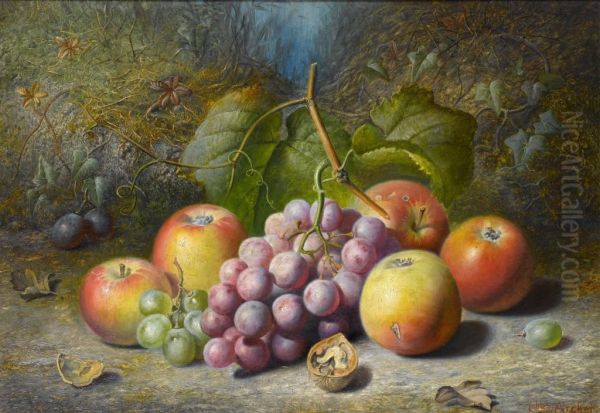 Still Life With Apples Grapes Damsons And A Walnut On A Mossy Bank Oil Painting by Charles Archer