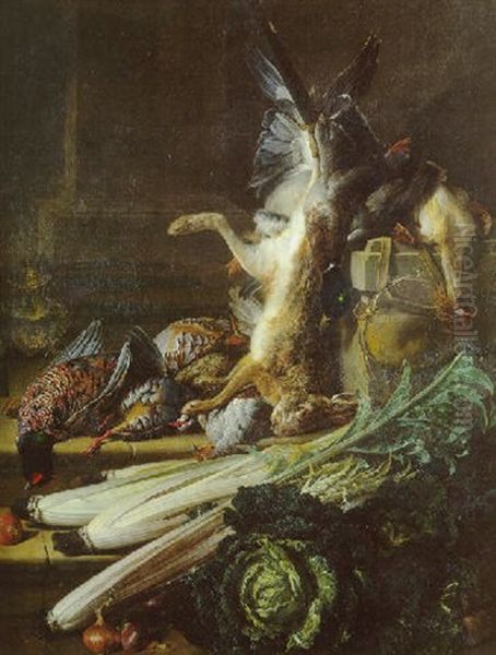 L'automne: Nature Morte Aux Trophees De Chasse, Legumes Et Brule-parfum Au Pied D'un Escalier Oil Painting by Alexandre Francois Desportes