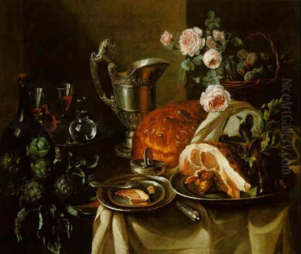 Still Life Of A Ham On A Pewter Plate, Artichokes, Wine Botte, Silver Jug.......all On A Table Draped With White Cloth Oil Painting by Alexandre Francois Desportes