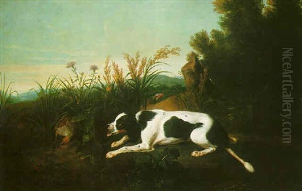 Landscape With A Spaniel Stalking Grouse Oil Painting by Alexandre Francois Desportes