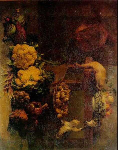 Nature Morte Au Gibier Et Legumes Avec Un Chat Attrapant Un Pigeon Oil Painting by Alexandre Francois Desportes