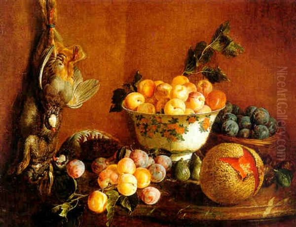 Still Life With Fruits Plums In A Basket, Preaches In A Bowl, Figs And A Melon On A Marble Table With Game Hanging To The Right Oil Painting by Alexandre Francois Desportes