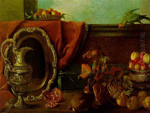 Still Life With An Ornate Silver Ewer And Platter, Fruit, Rabbits, A Parrot And Other Objects, All On A Terrace Oil Painting by Alexandre Francois Desportes