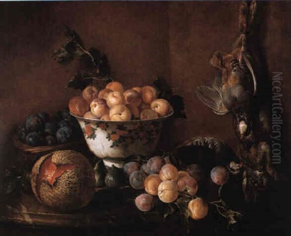 Still Life With Plums, Peaches, Figs, A Melon, And Hanging Game Oil Painting by Alexandre Francois Desportes