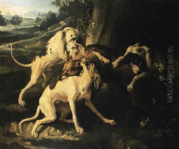 Chiens Attaquant Un Loup Oil Painting by Alexandre Francois Desportes