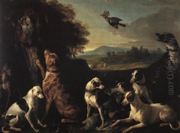 Hounds With Game In A Landscape, A Hoopoe Flying Overhead Oil Painting by Alexandre Francois Desportes