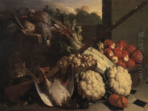 Nature Morte Au Panier De Pommes, Panier De Champignons. . .et Chat Oil Painting by Alexandre Francois Desportes