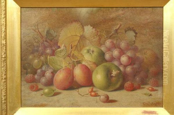 Still Life, Apples, Plums, Grapes And Raspberries Oil Painting by Charles Archer