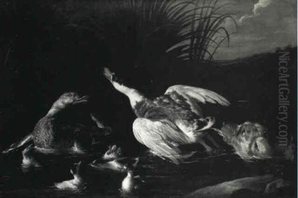 A Hunting Dog Pursuing Water Fowl In A Stream Oil Painting by Alexandre Francois Desportes