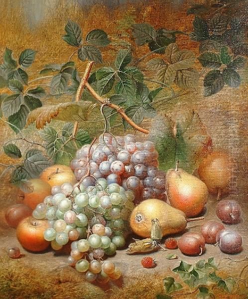 Still Life Of Grapes, Pears, Apples, Plums And Raspberries On A Mossy Bank Oil Painting by Charles Archer